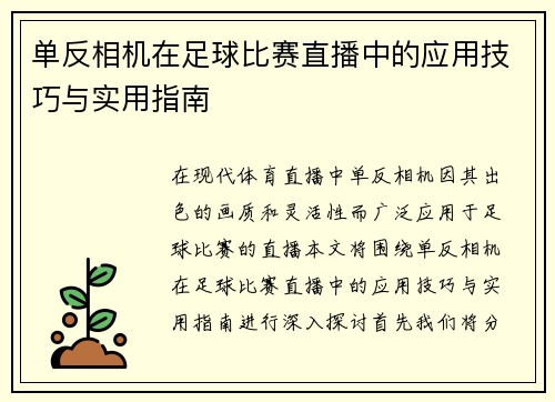 单反相机在足球比赛直播中的应用技巧与实用指南